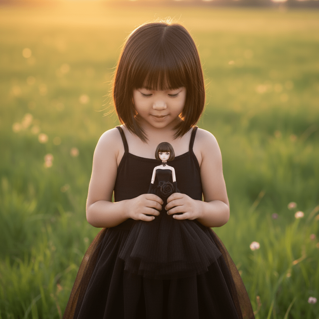 Young girl in a black dress holding a doll in a field at sunset