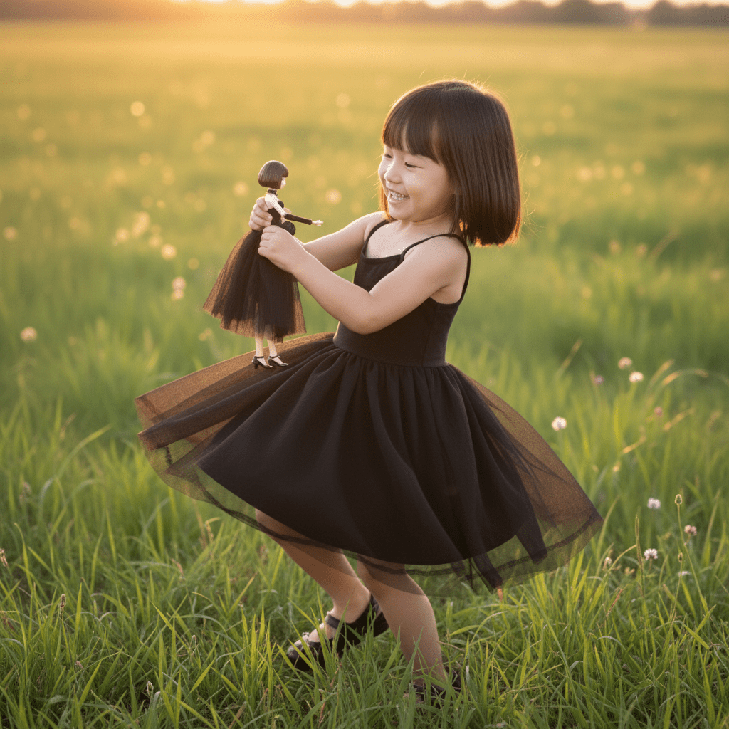 Young girl in a black dress holding a doll with long hair in a grassy field.