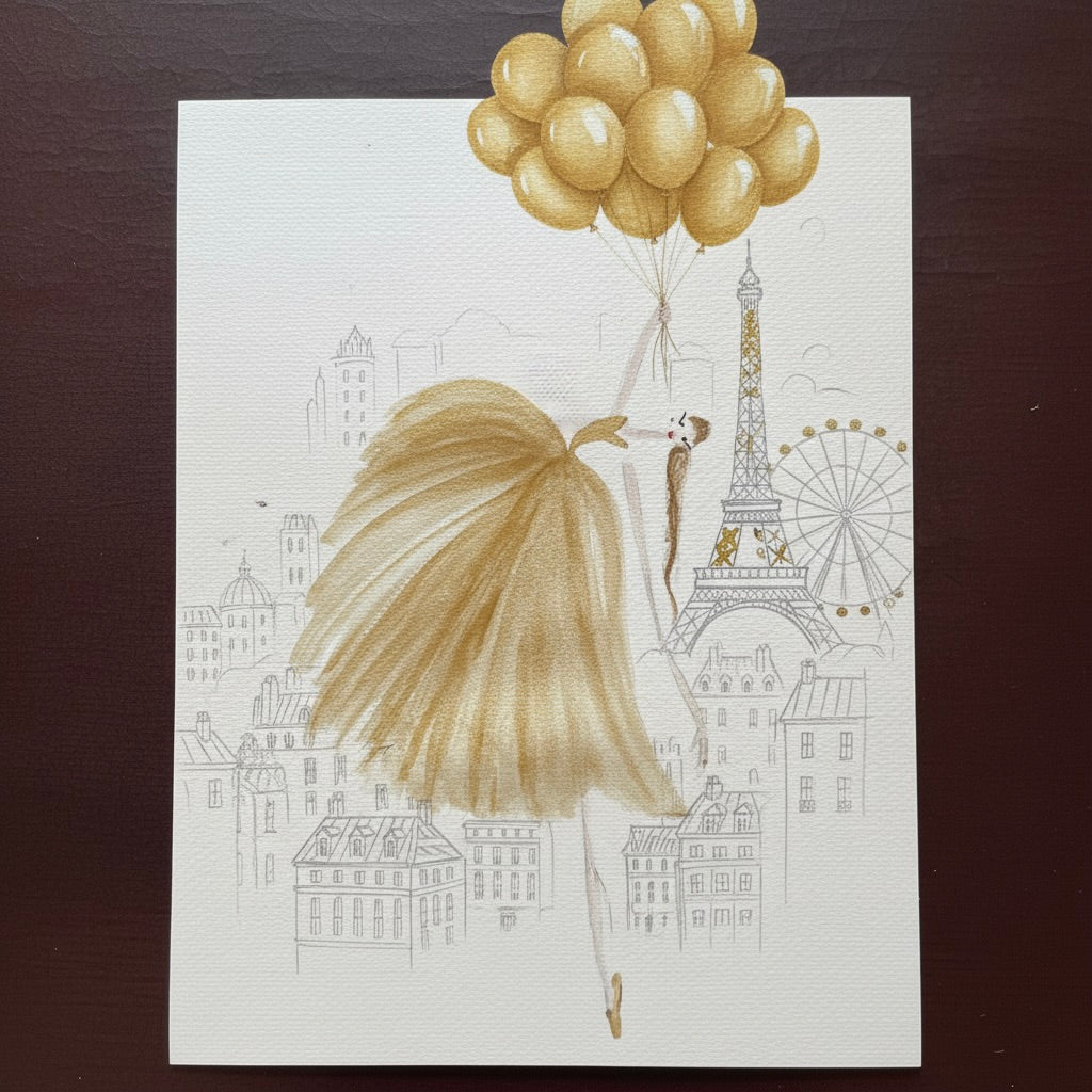 DOLLY Gold Ballerina Flying over Paris Watercolor Art Print on Canvas