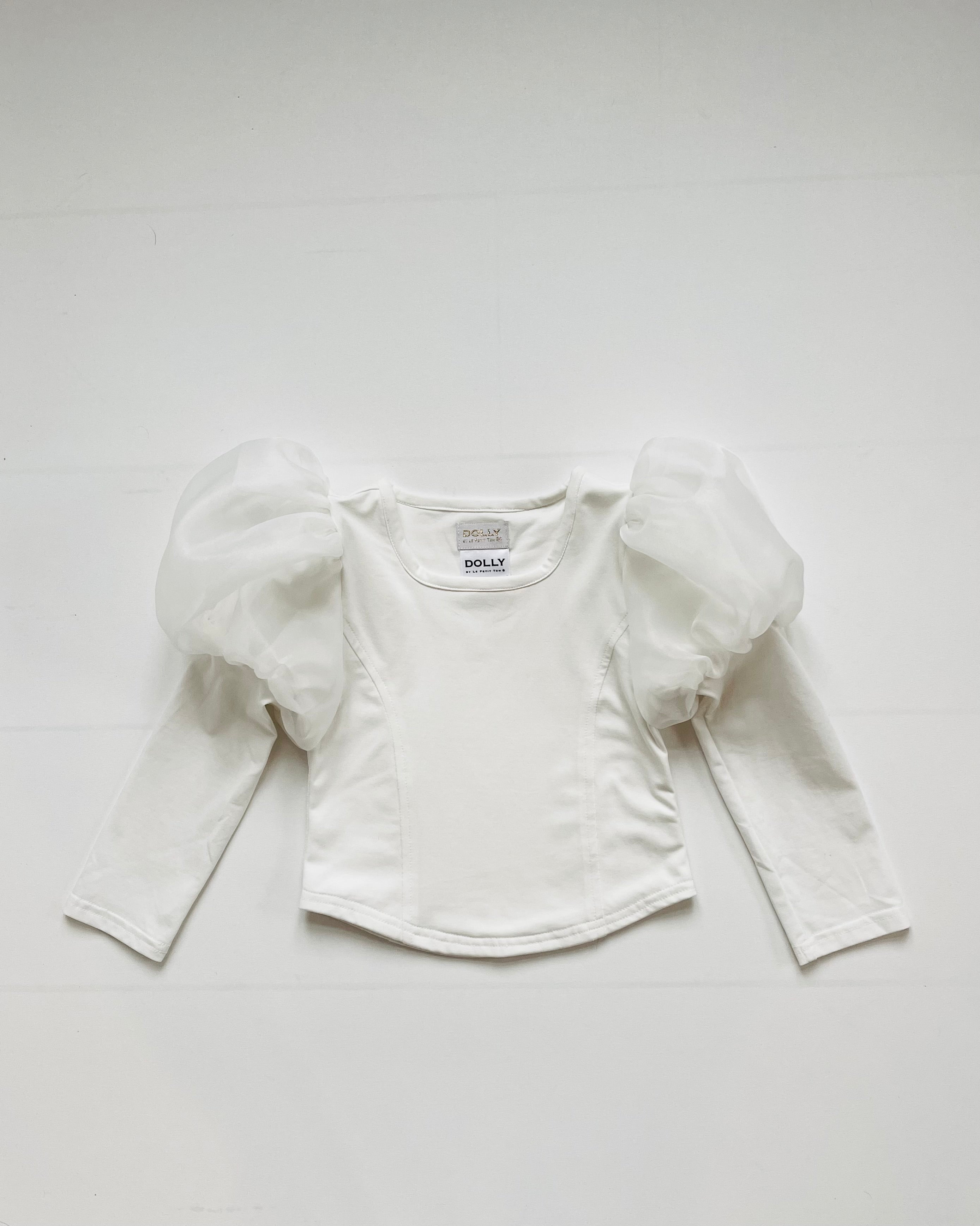 DOLLY WORLD PUFF LONG SLEEVE ORGANZA TOP WITH COTTON BODY white