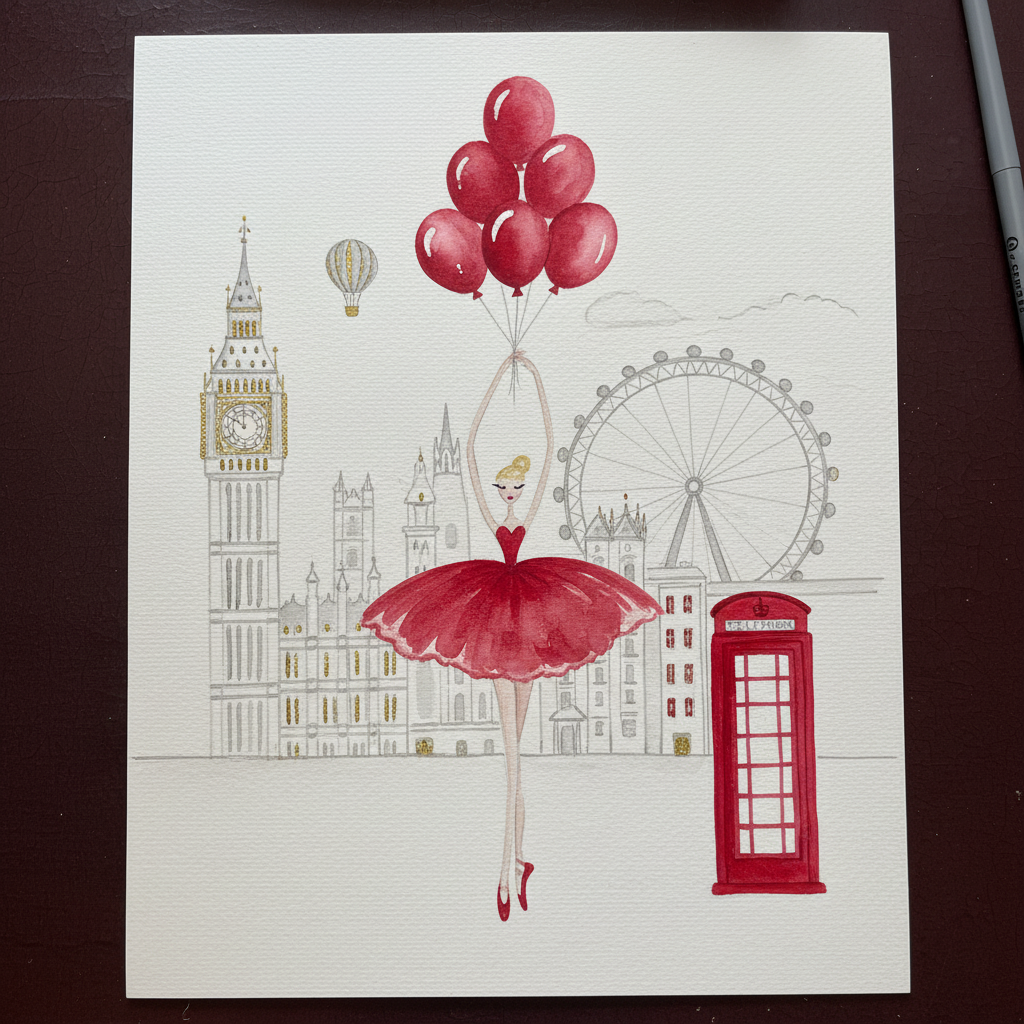 DOLLY Red Ballerina in London Watercolor Art Print on Canvas