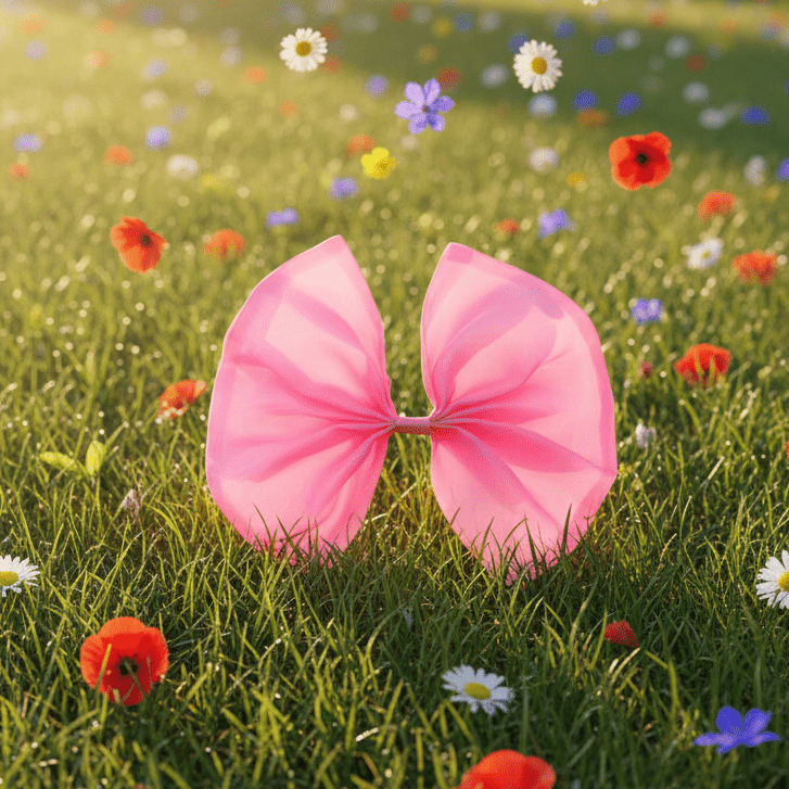 Pink bow on grass with flowers in the background
