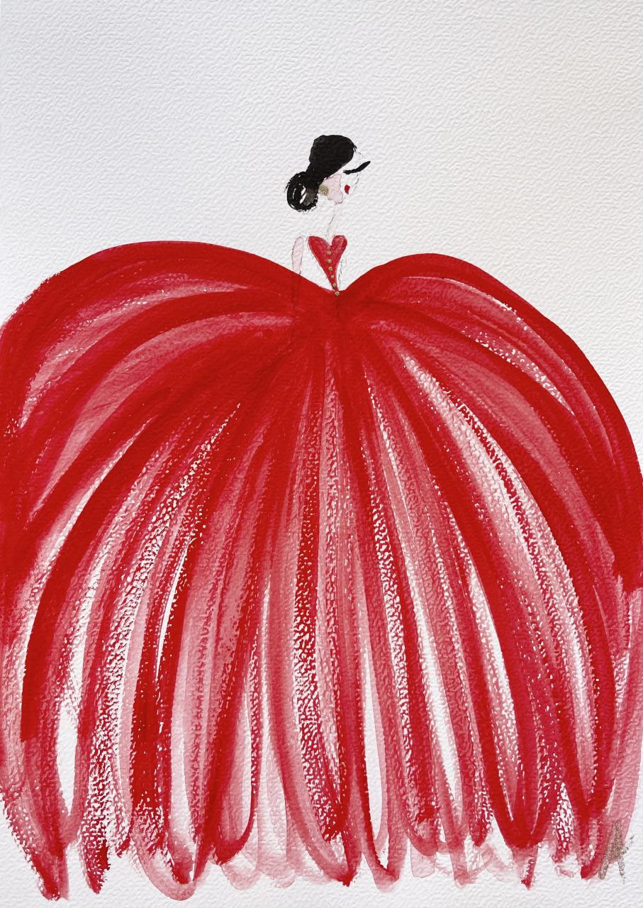 DOLLY Red Ballgown Ballerina Watercolor Art Print