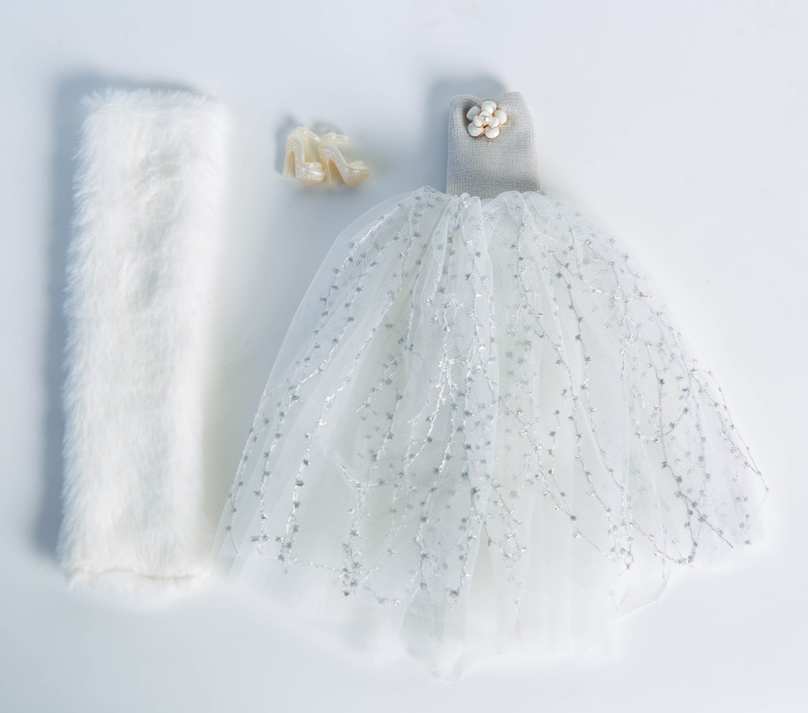 DOLLY® DOLL BARBIE CLOTHES SET DIOR WITH SILVER GREY DRESS + FUR + SHOES FOR 12 inch 30 cm 1/6 scale fashion dolls