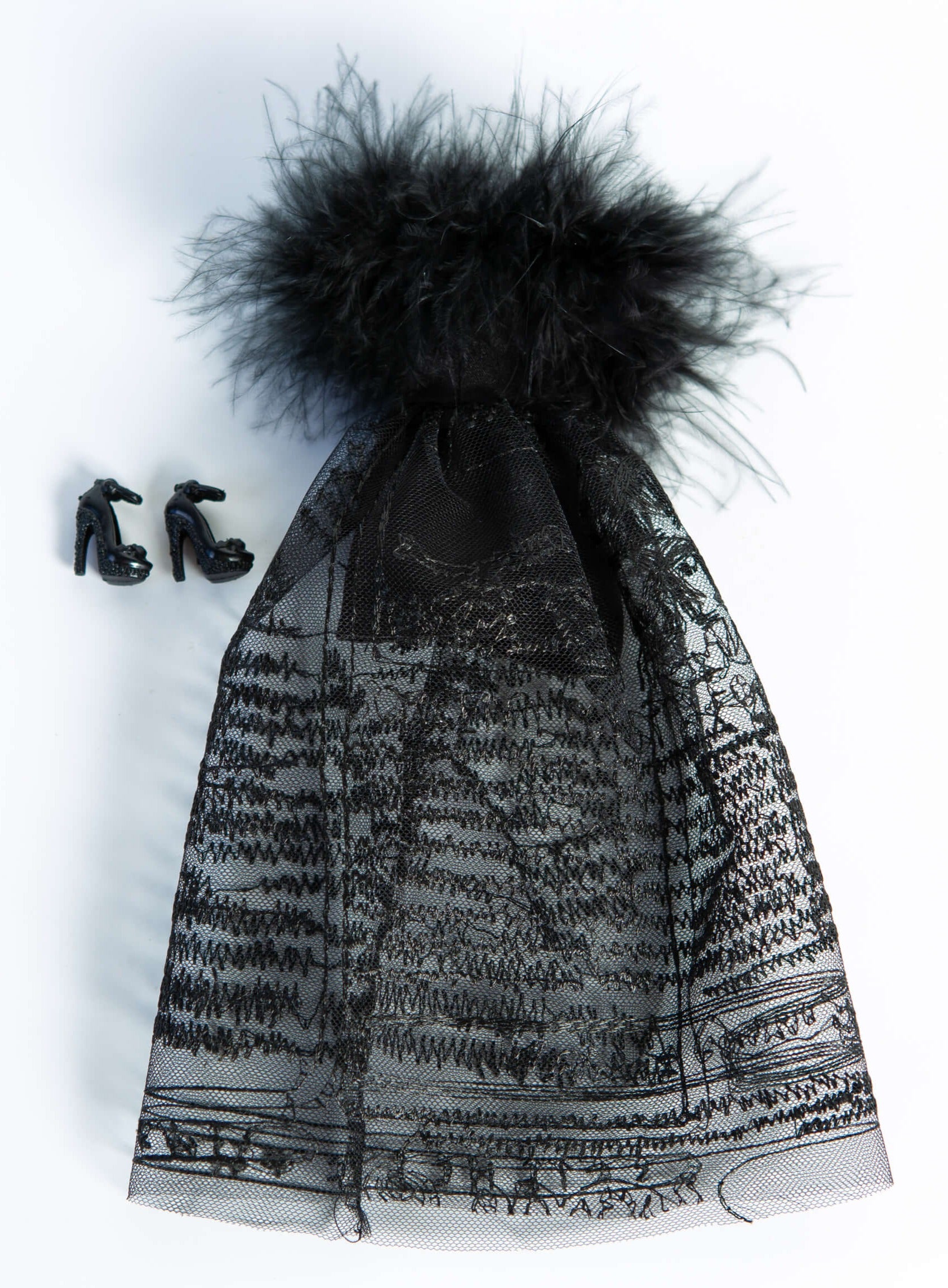 DOLLY® DOLL BARBIE CLOTHES SET KARL LAGERFELD BLACK TULLE TEXT DRESS WITH FEATHERS + SHOES FOR 12 inch 30 cm 1/6 scale fashion dolls