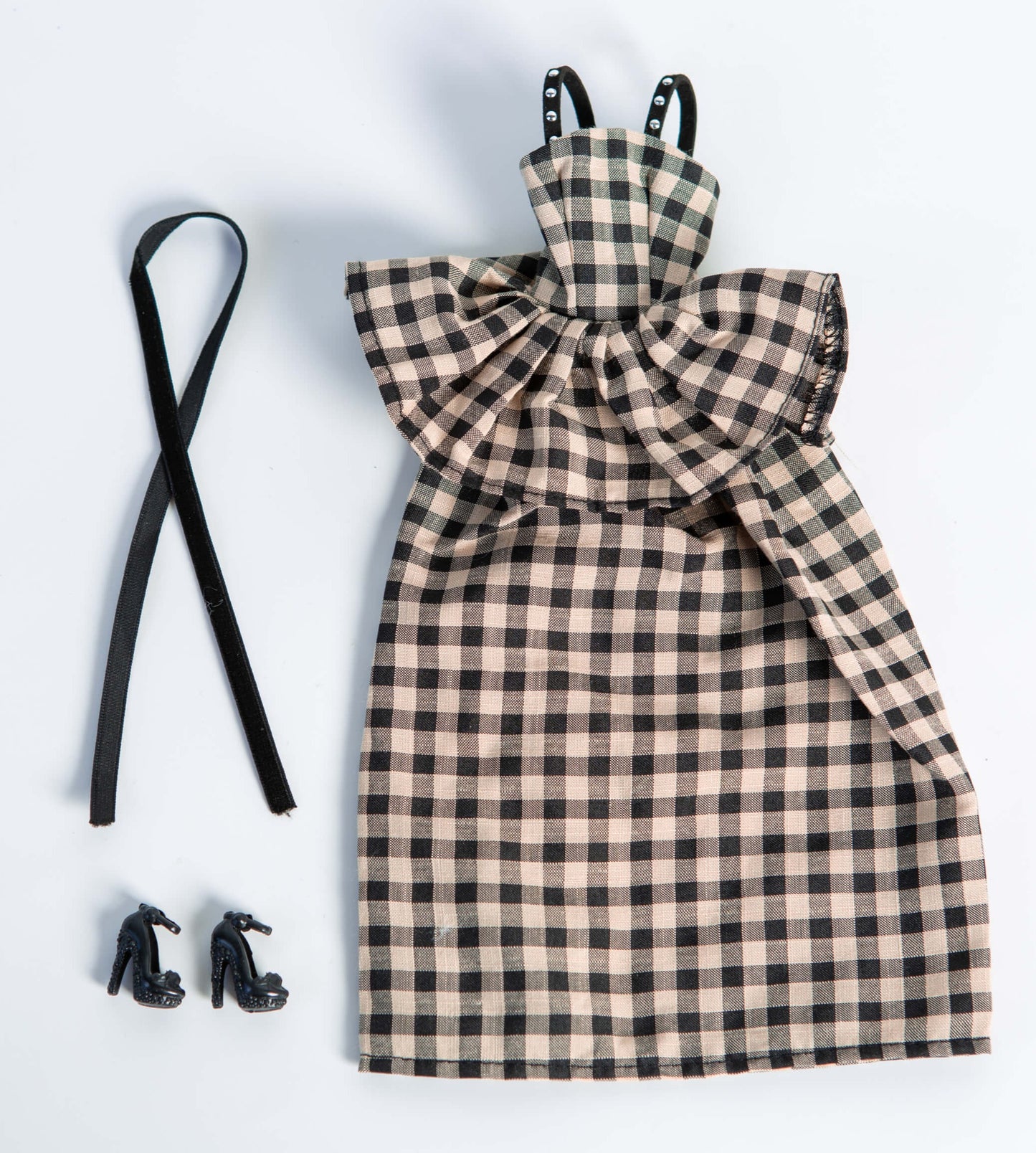 DOLLY® DOLL CLOTHES SET GUCCI BLACK WHITE CHECKERED PEPLUM DRESS + BOW FOR 12 inch 30 cm 1/6 scale fashion dolls