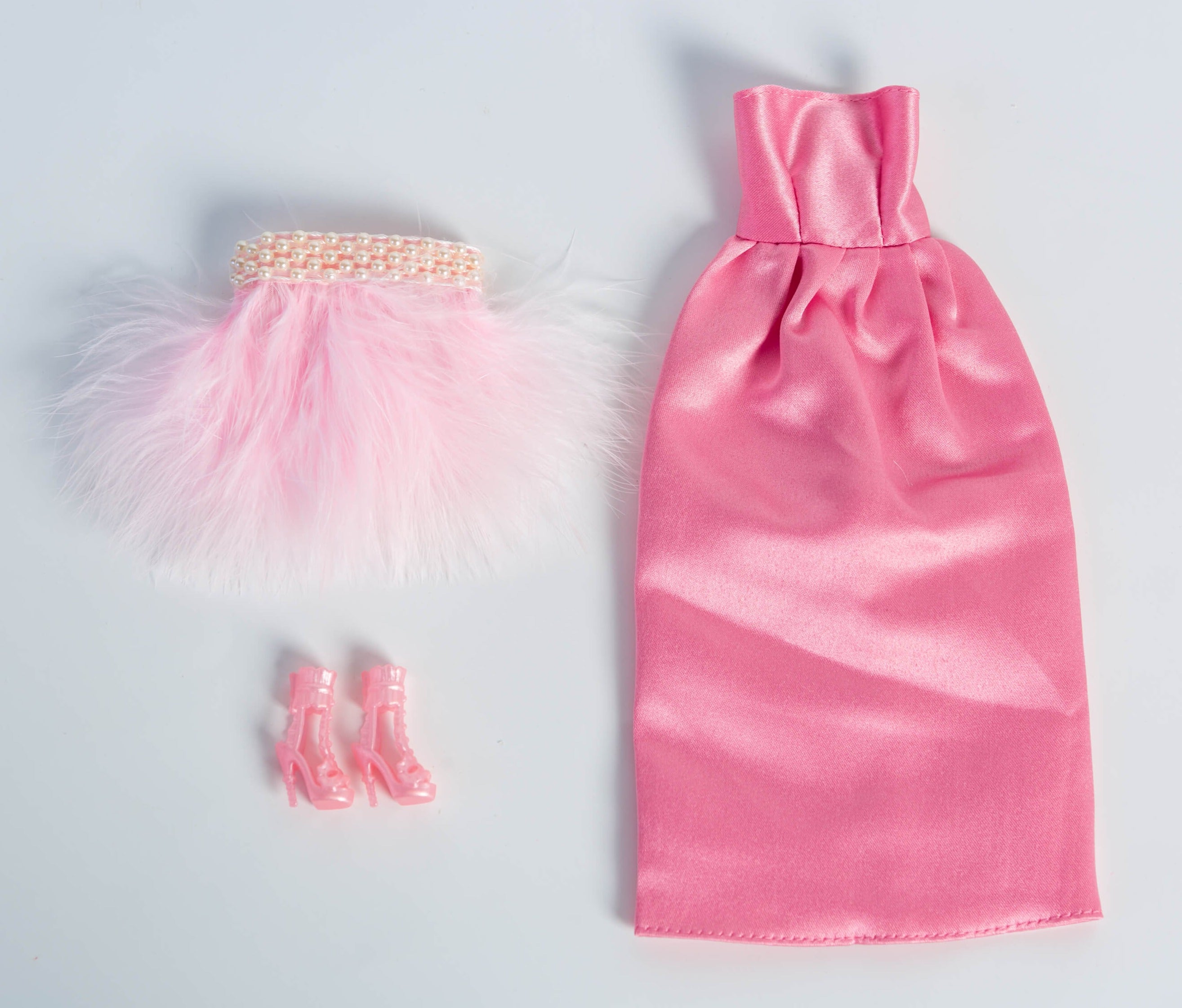 DOLLY® DOLL BARBIE CLOTHES PINK FEATHER SHOWBIZ TUBE DRESS WITH PEARL TRIM FOR 12 inch 30 cm 1/6 scale fashion dolls