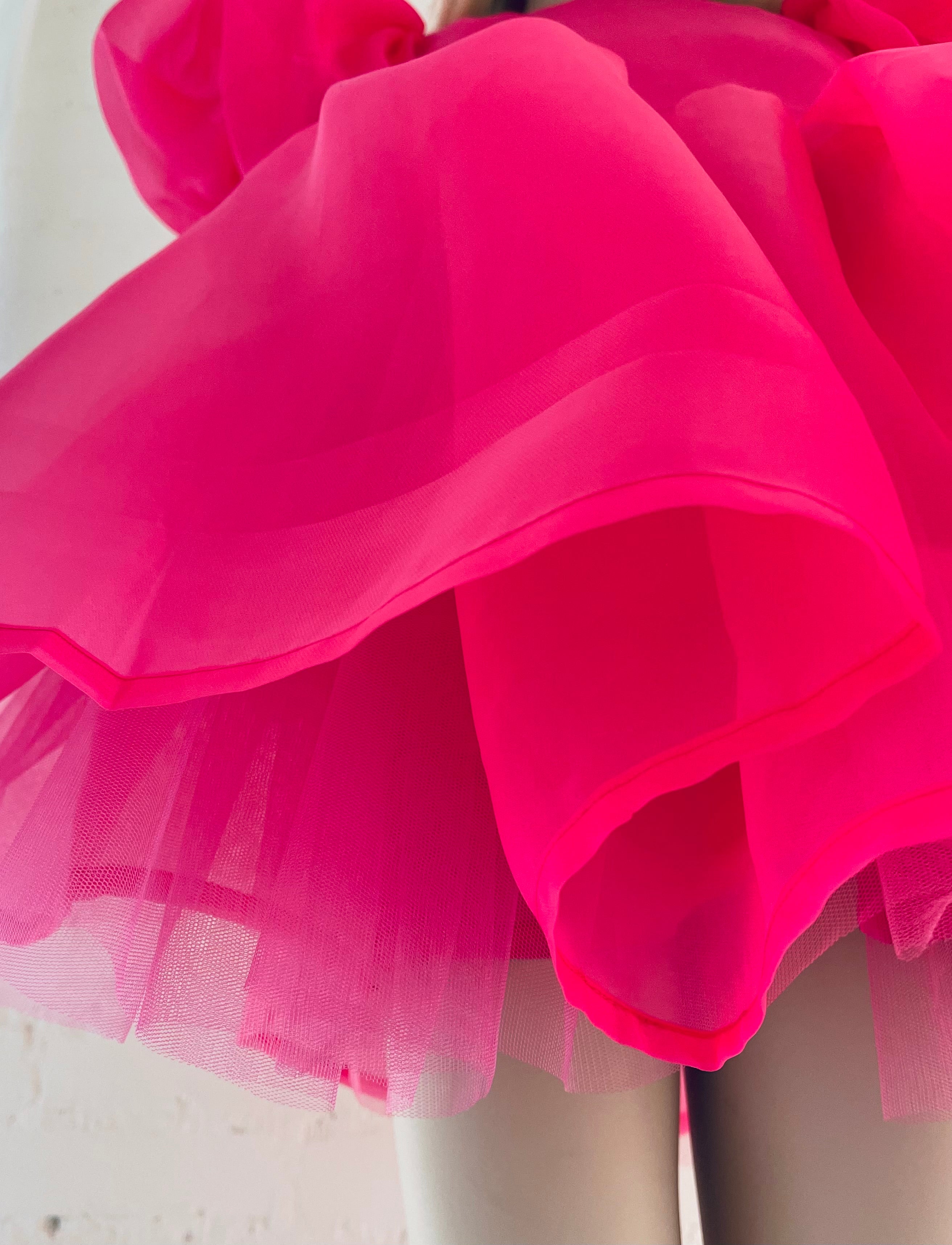 DOLLY V-BACK PUFF SLEEVE ORGANZA TUTU DRESS barbiepink