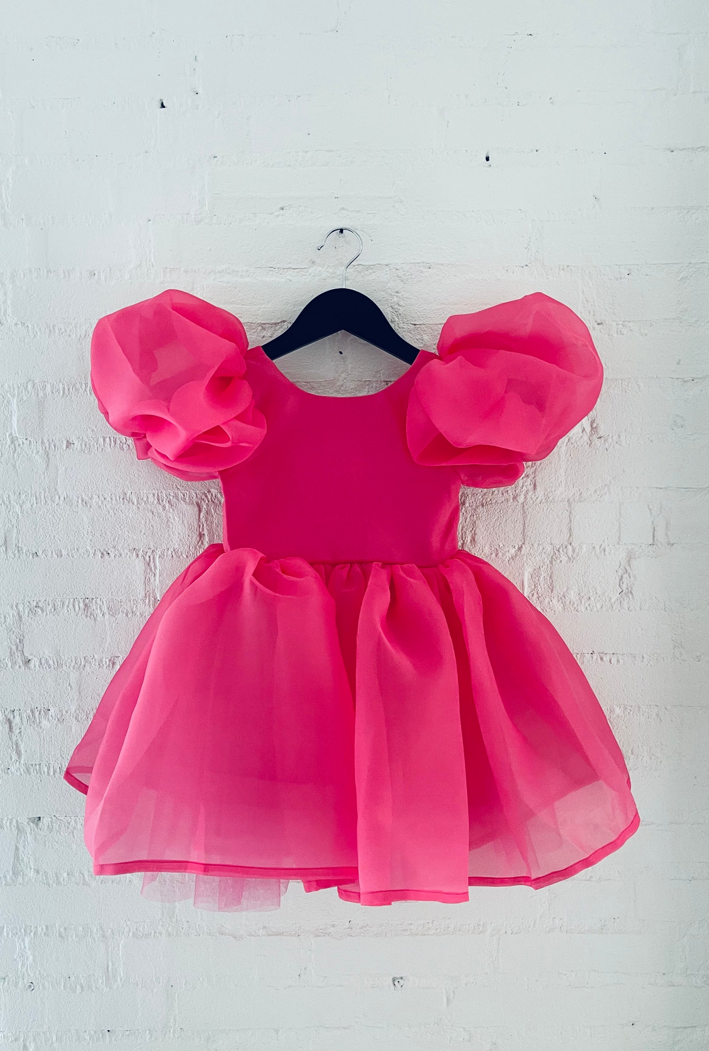 DOLLY V-BACK PUFF SLEEVE ORGANZA TUTU DRESS barbiepink
