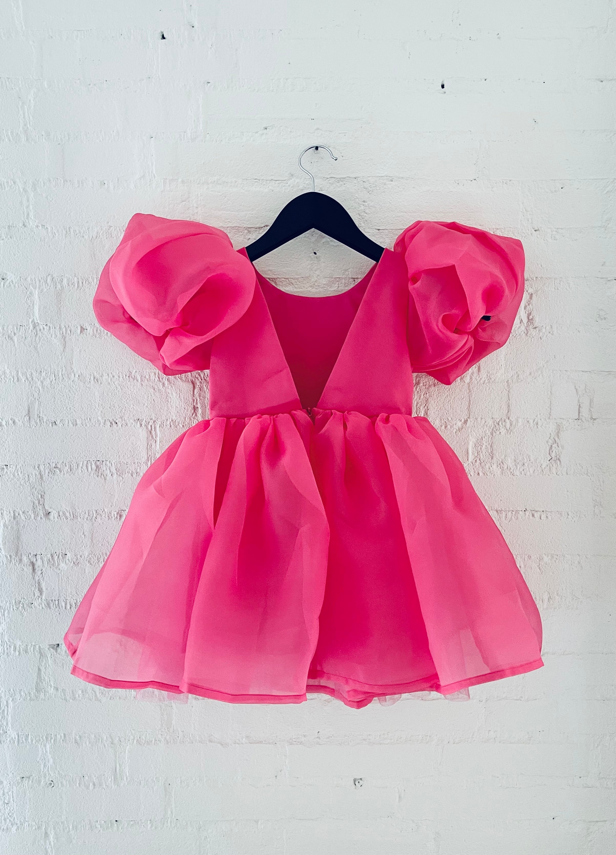 DOLLY V-BACK PUFF SLEEVE ORGANZA TUTU DRESS barbiepink