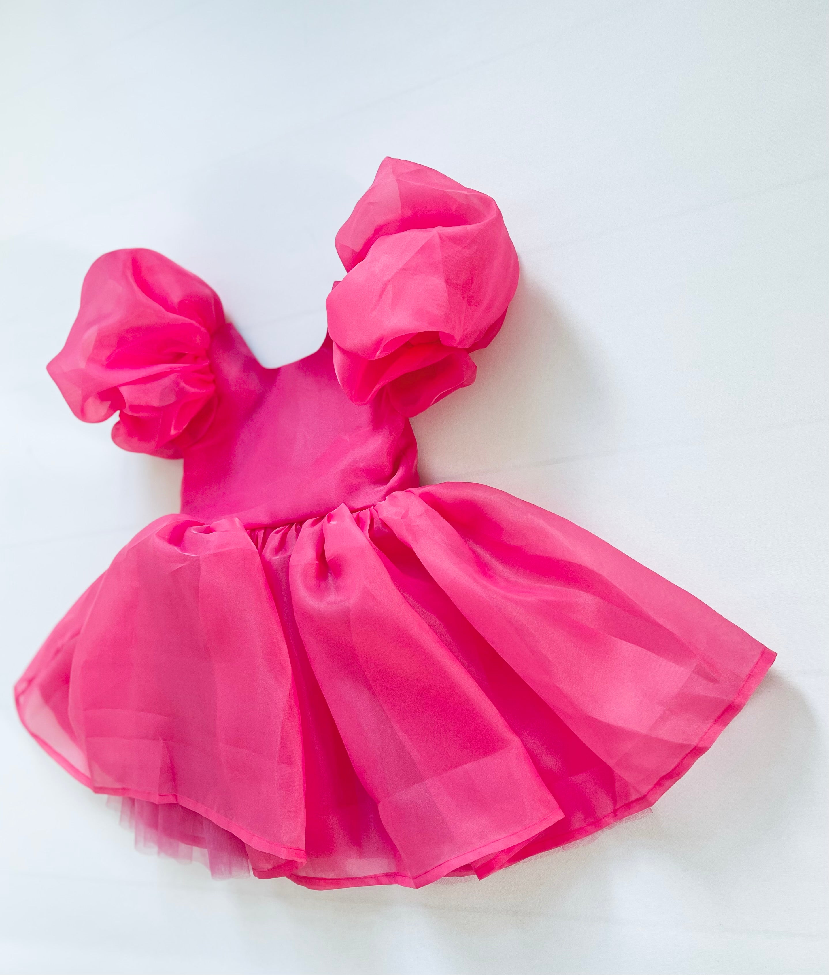 DOLLY V-BACK PUFF SLEEVE ORGANZA TUTU DRESS barbiepink