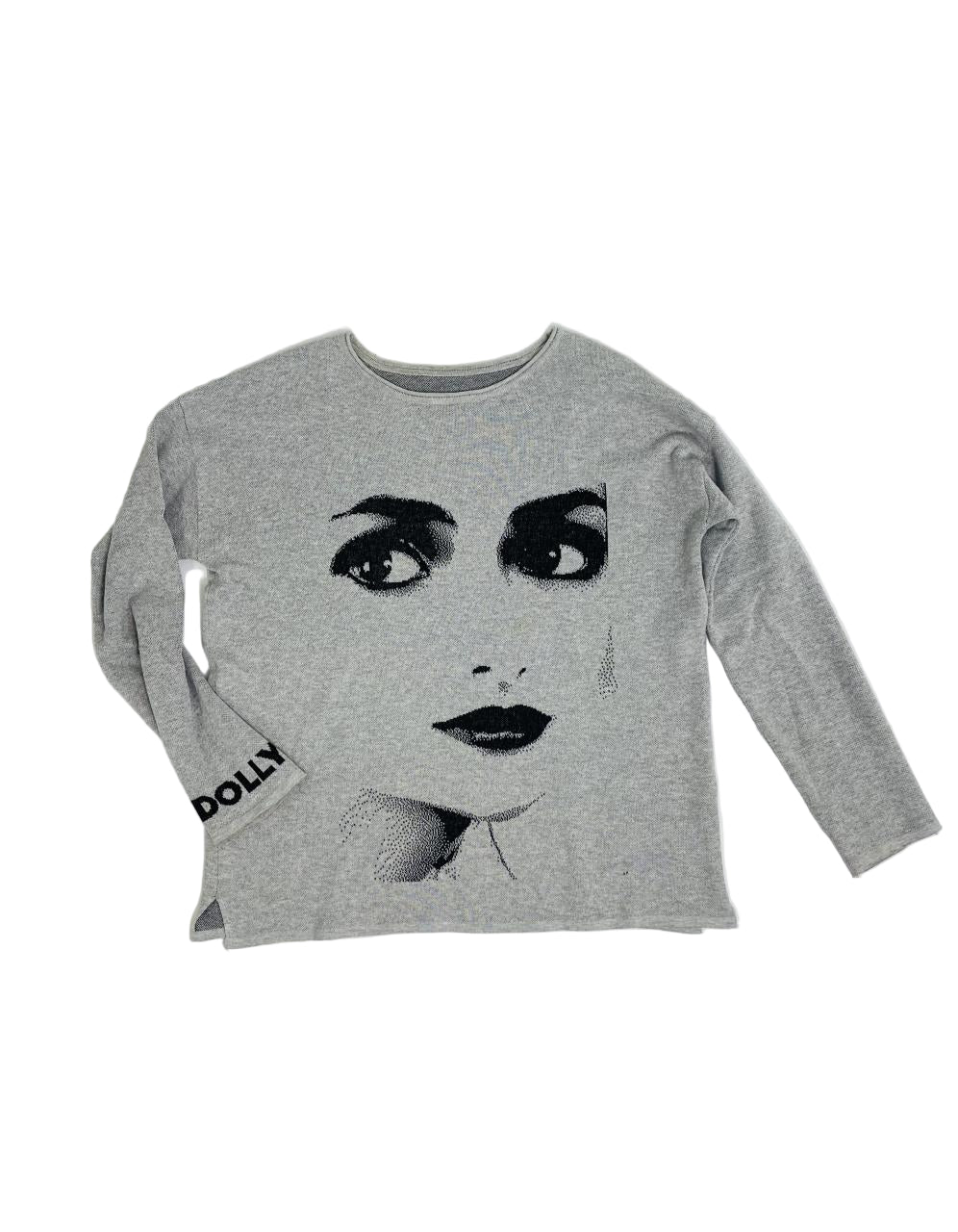 Gray long-sleeve shirt with a graphic of a face on a white background