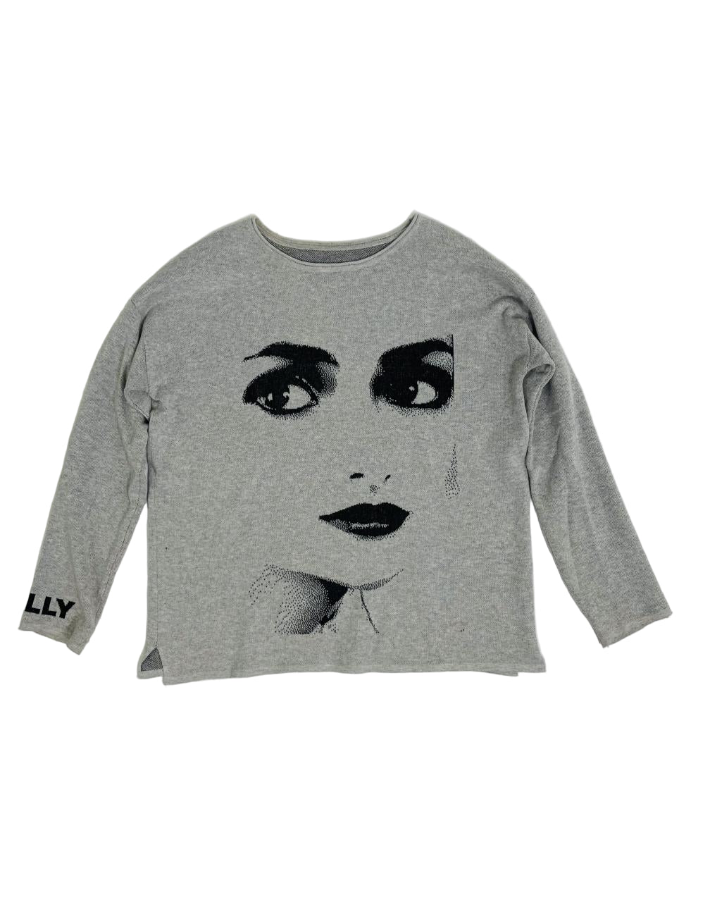 Gray long-sleeve shirt with a graphic of a face on a white background