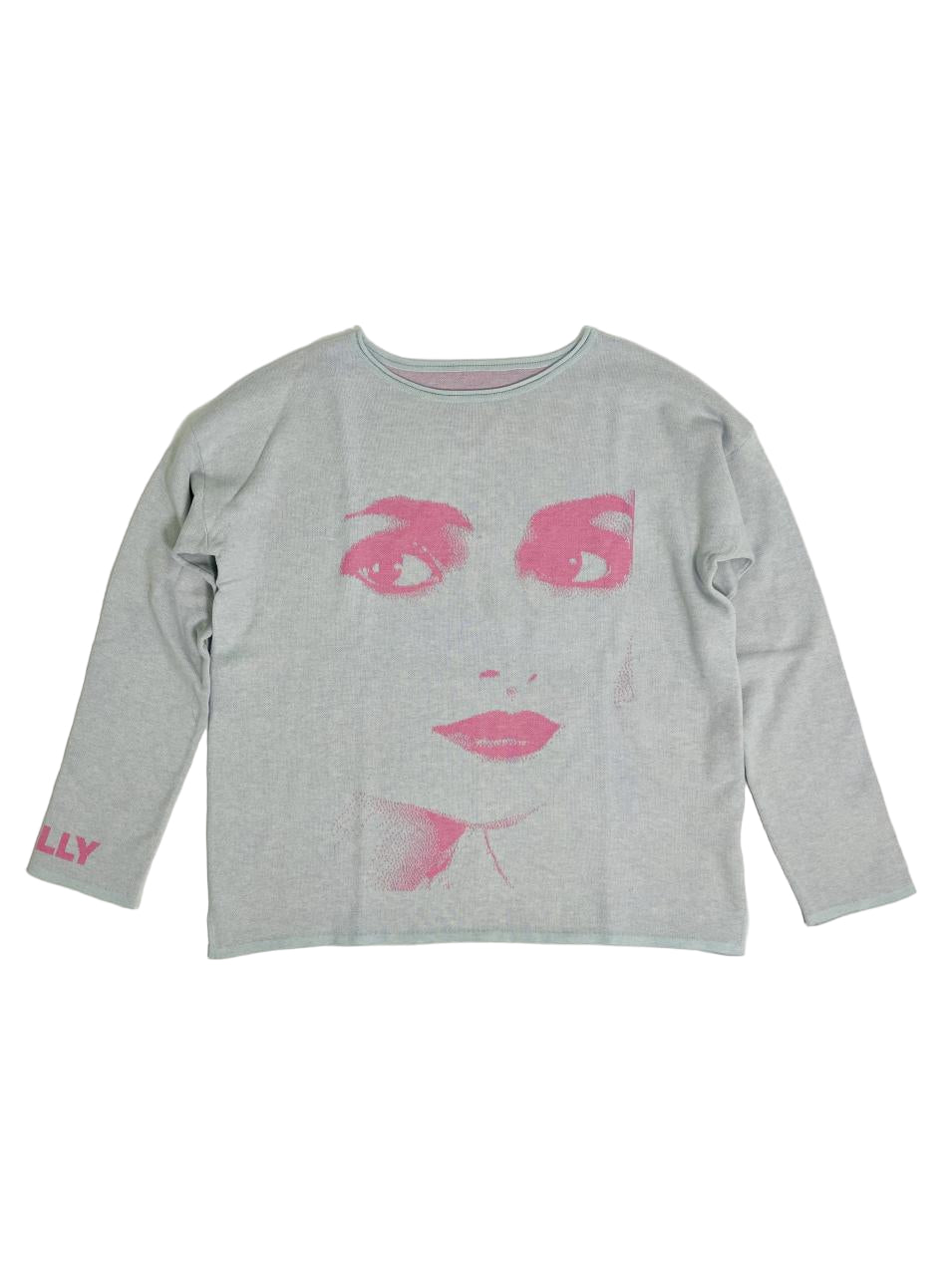 Gray long-sleeve shirt with a pink graphic of a face on a white background