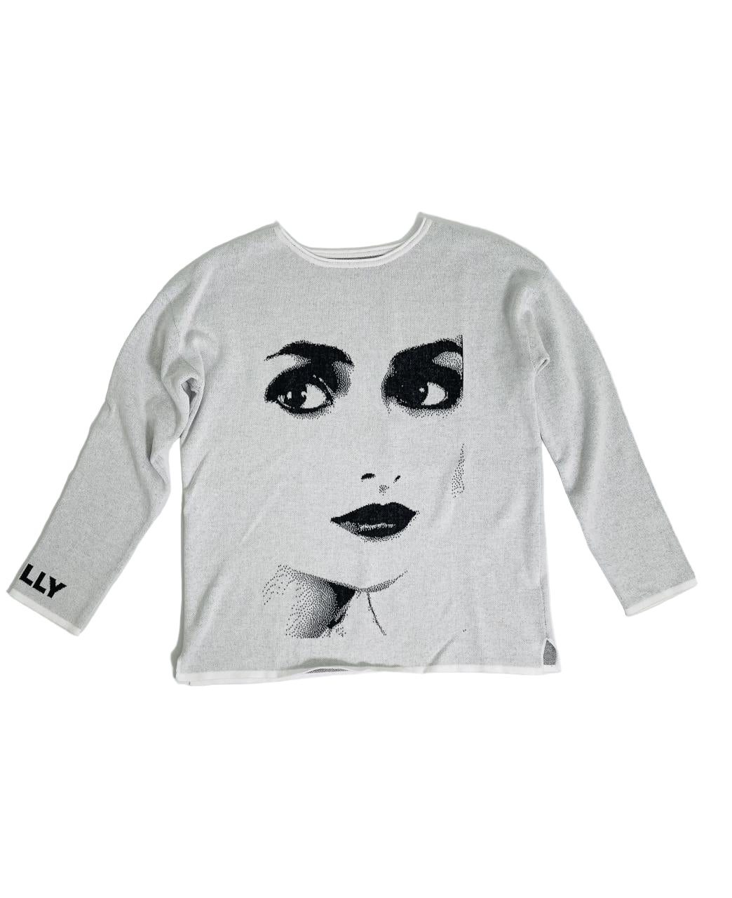 Gray long-sleeve shirt with a graphic of a face on a white background