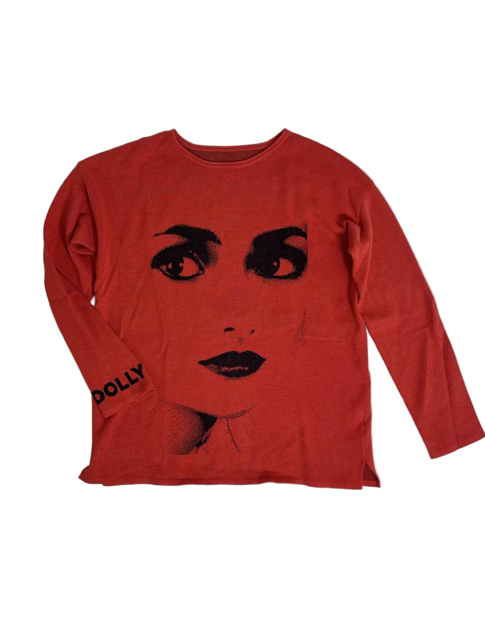 Red long-sleeve shirt with a graphic of a face and 'Dolly' text on a white background