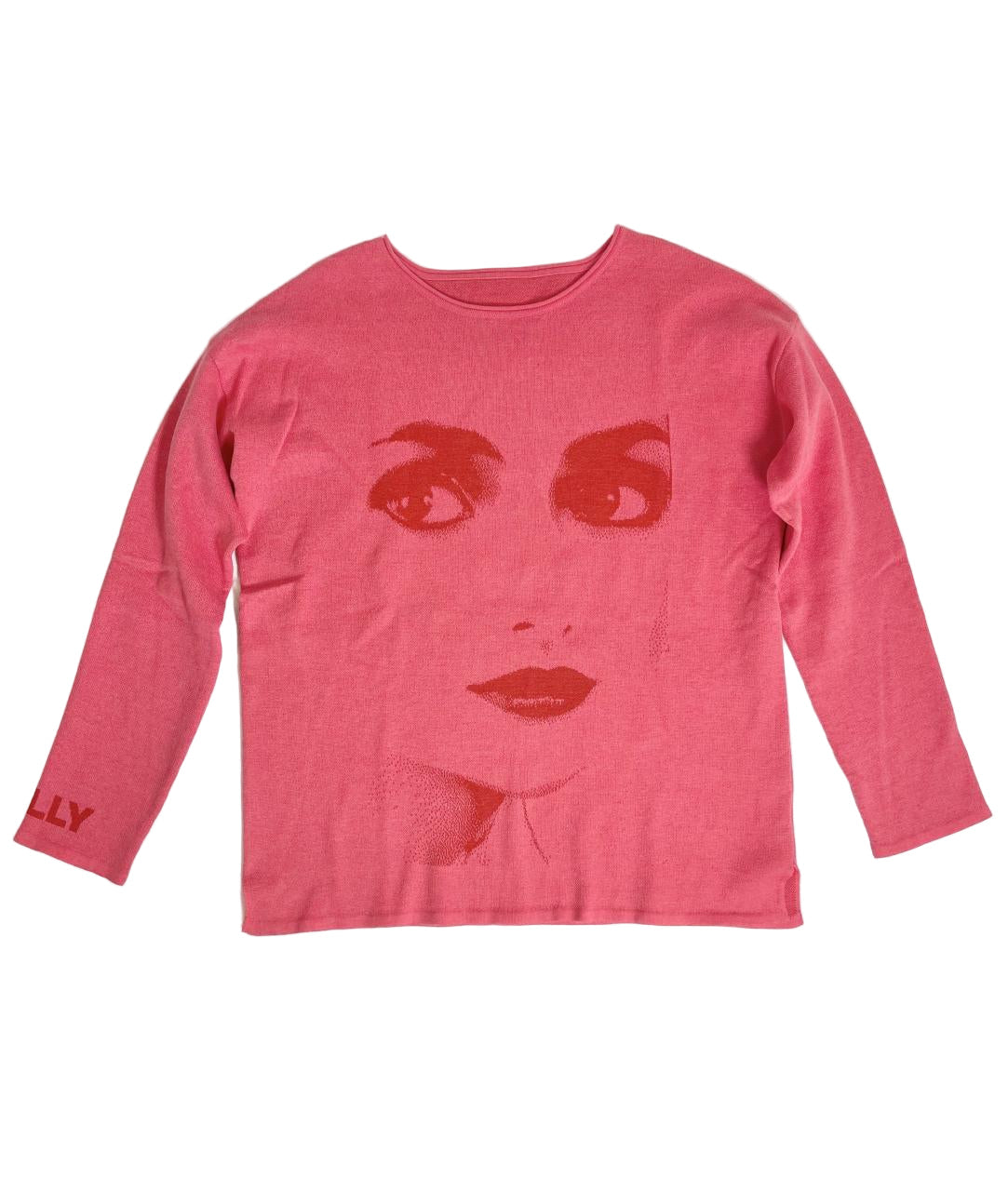 Pink long-sleeve shirt with a graphic of a face on a white background