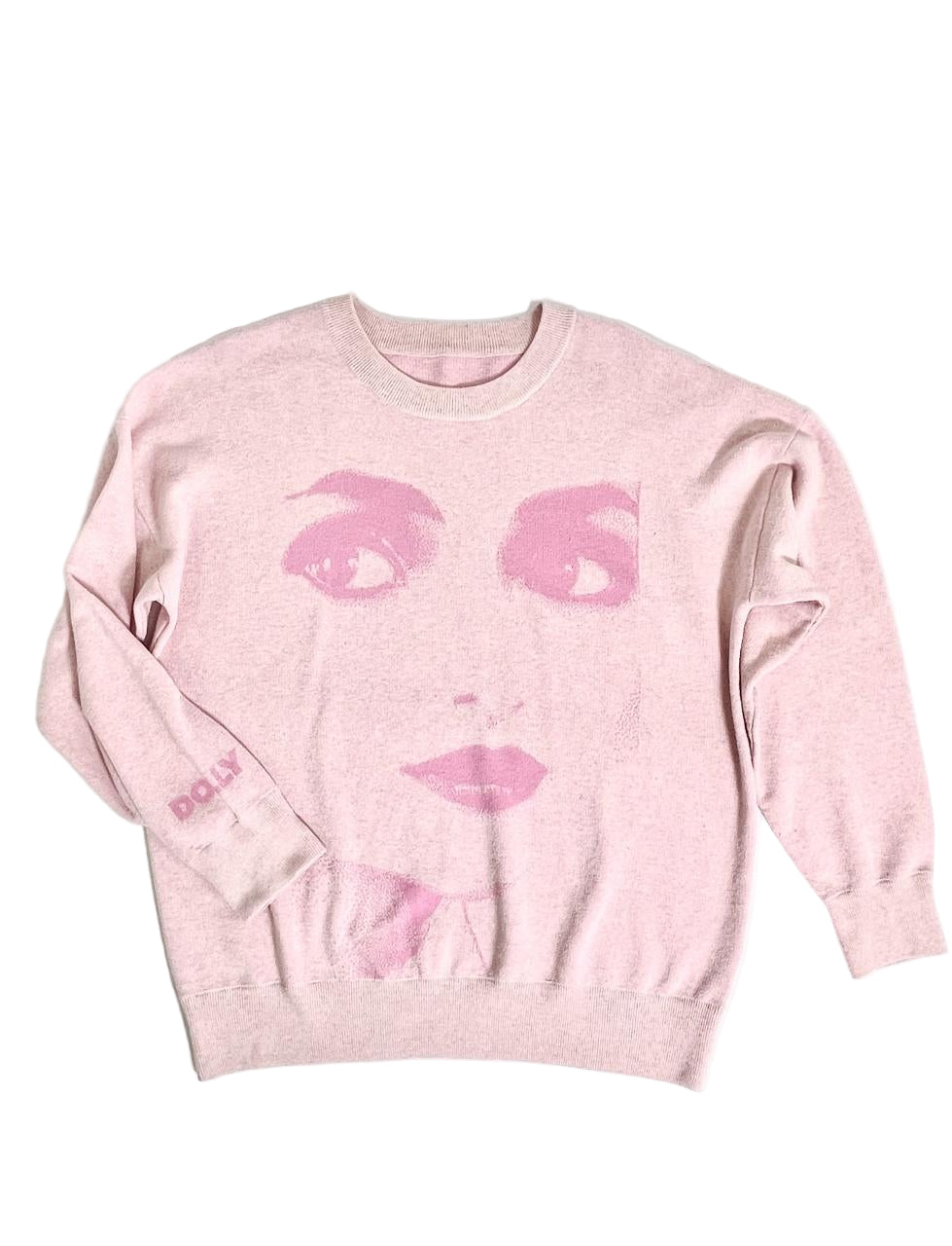 Pink sweatshirt with DOLLY face design on a white background