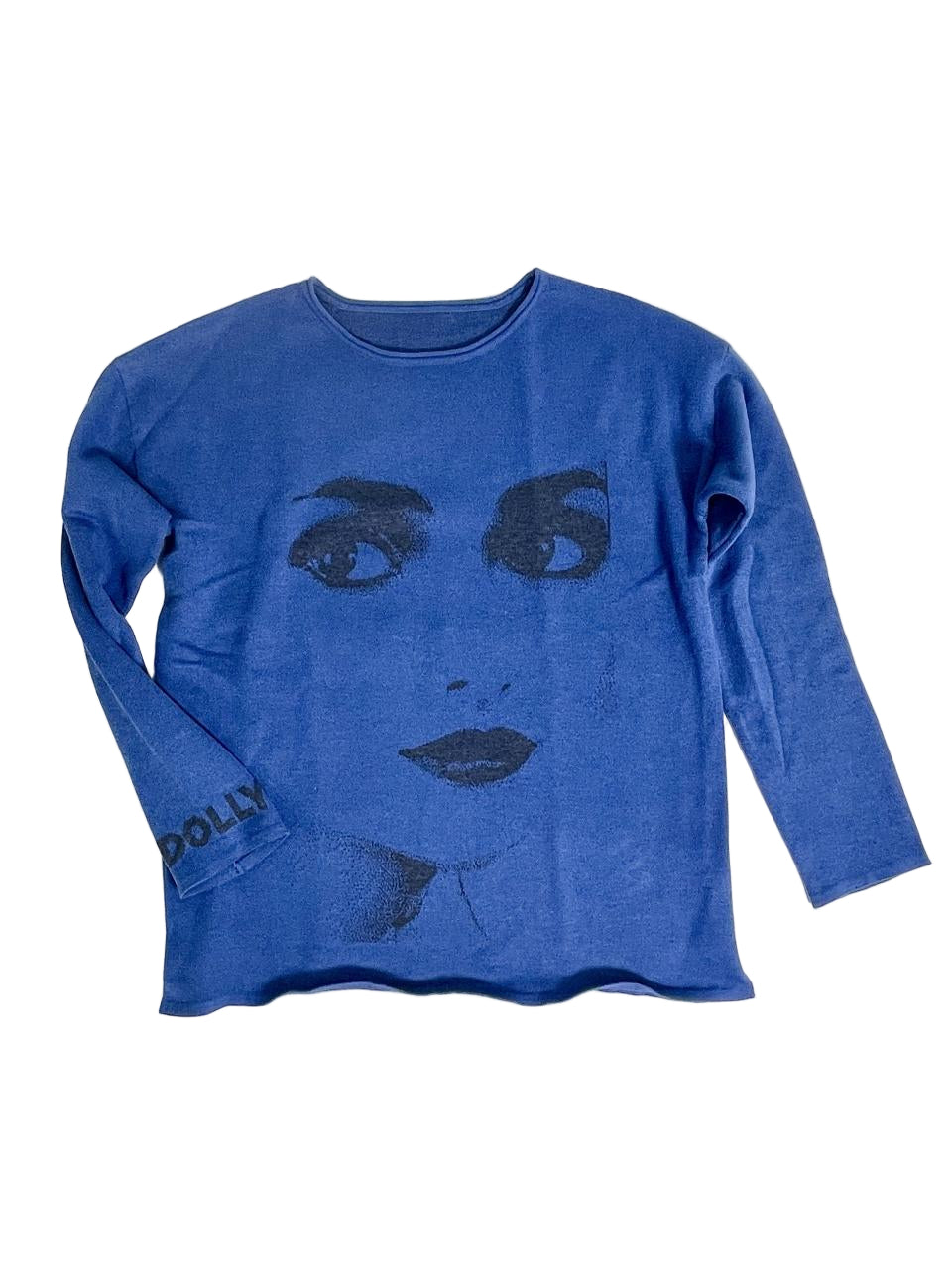 Blue long-sleeve shirt with a face design on a white background