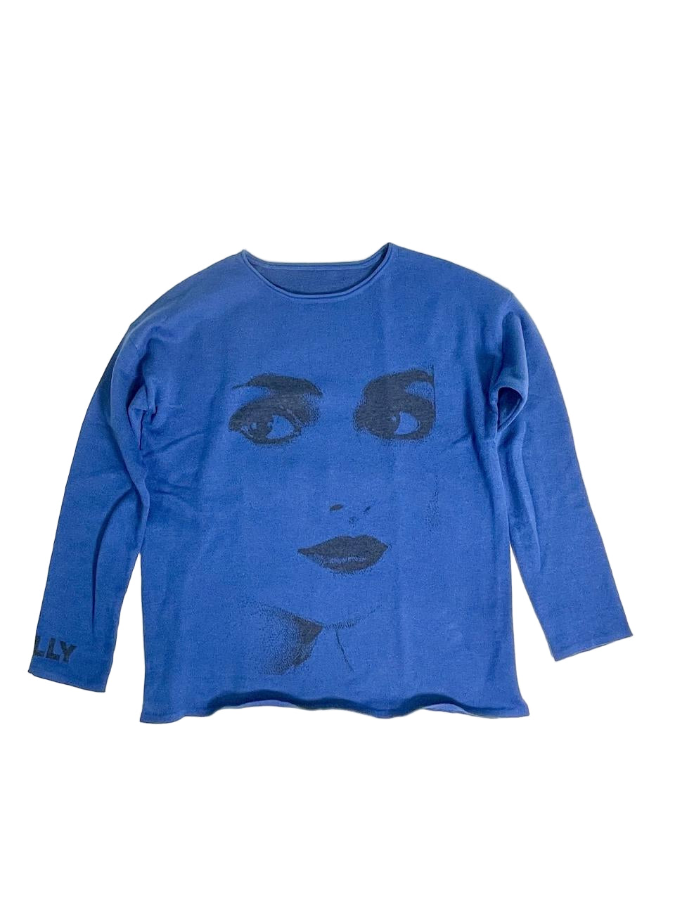Blue long-sleeve shirt with a face design on a white background