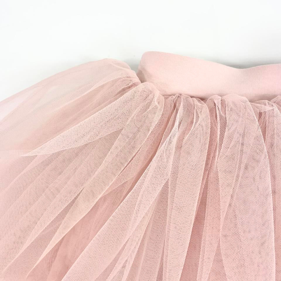Close-up of a pink tulle skirt on a white background