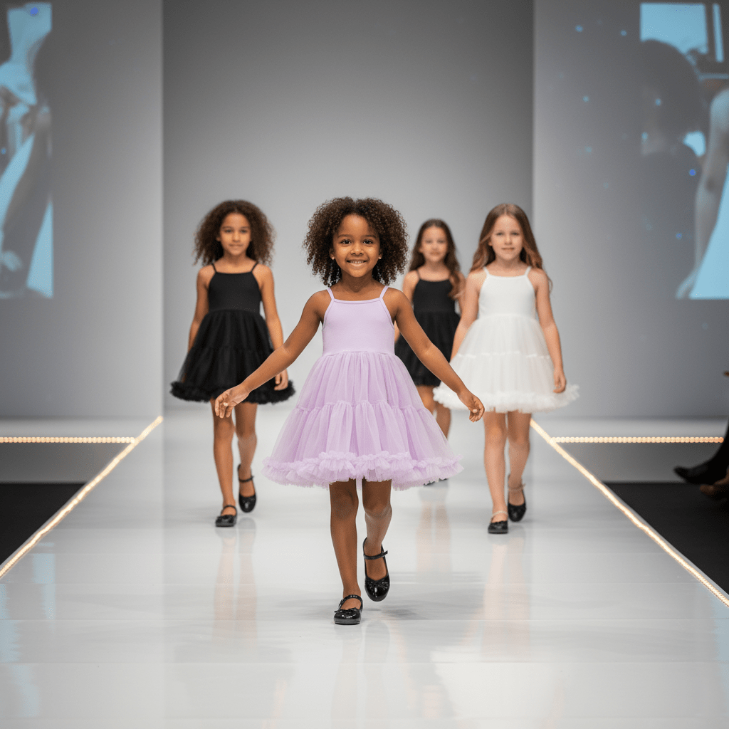Children walking down a fashion show runway wearing dresses.