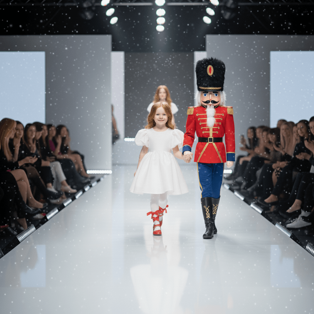 Children's fashion show with models on a runway, one in a white dress and red shoes, the other in a Nutcracker costume.