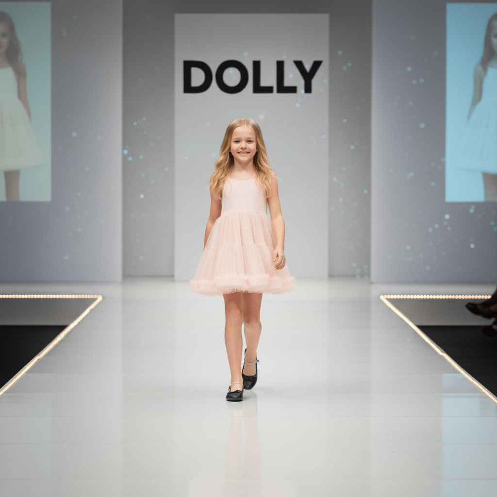 Young girl in a pink dress walking on a fashion show runway with 'DOLLY' branding.