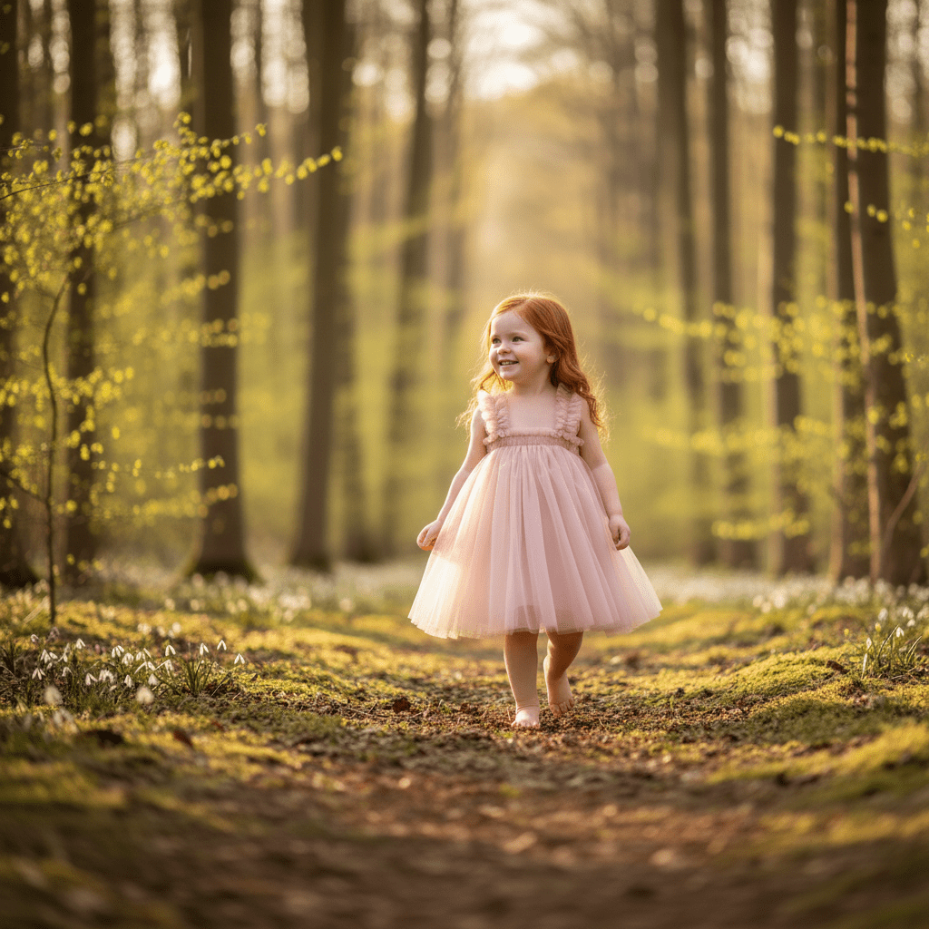 Young girl in a pink dress standing in a forest with sunlight filtering through the trees.