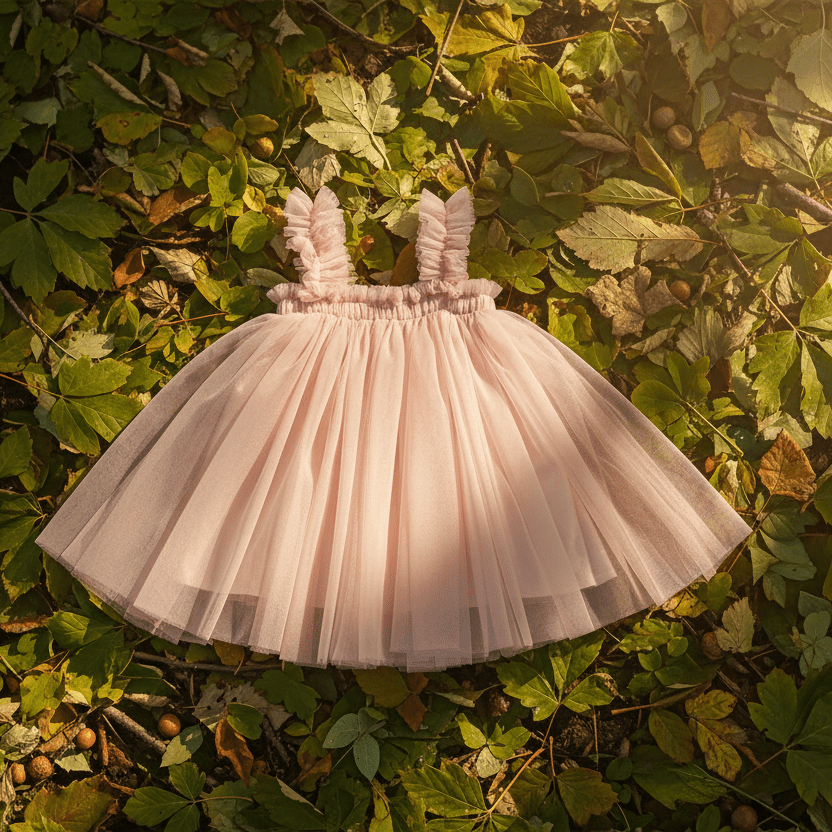 Pink dress on a bed of green leaves