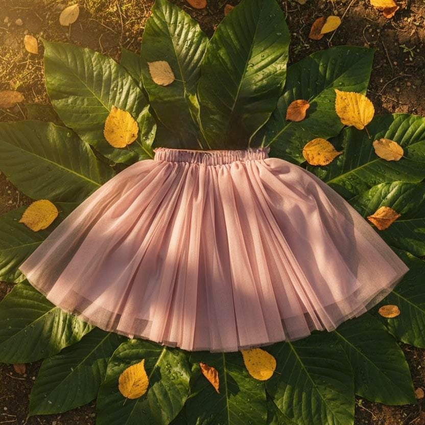 Pink pleated skirt on a bed of green leaves and autumn leaves
