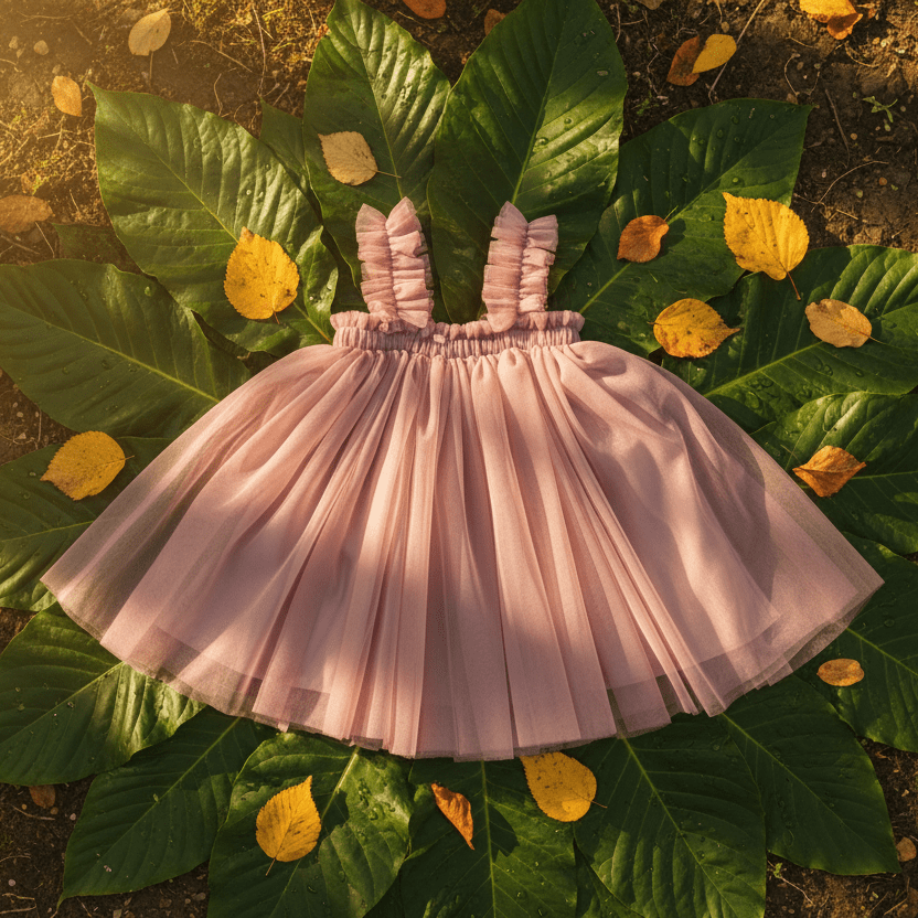 Pink pleated dress with bunny ears on green leaves with yellow leaves.