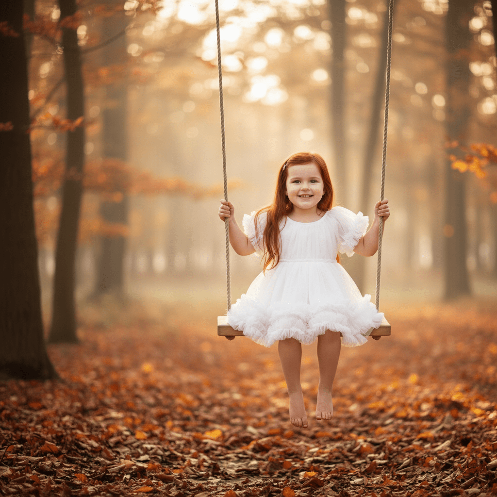 Young girl in a white dress on a swing in an autumn forest