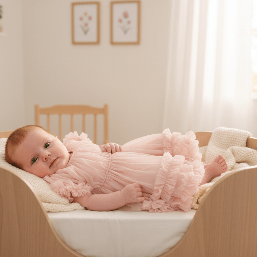 Baby in a pink dress lying on a wooden crib in a softly lit room.