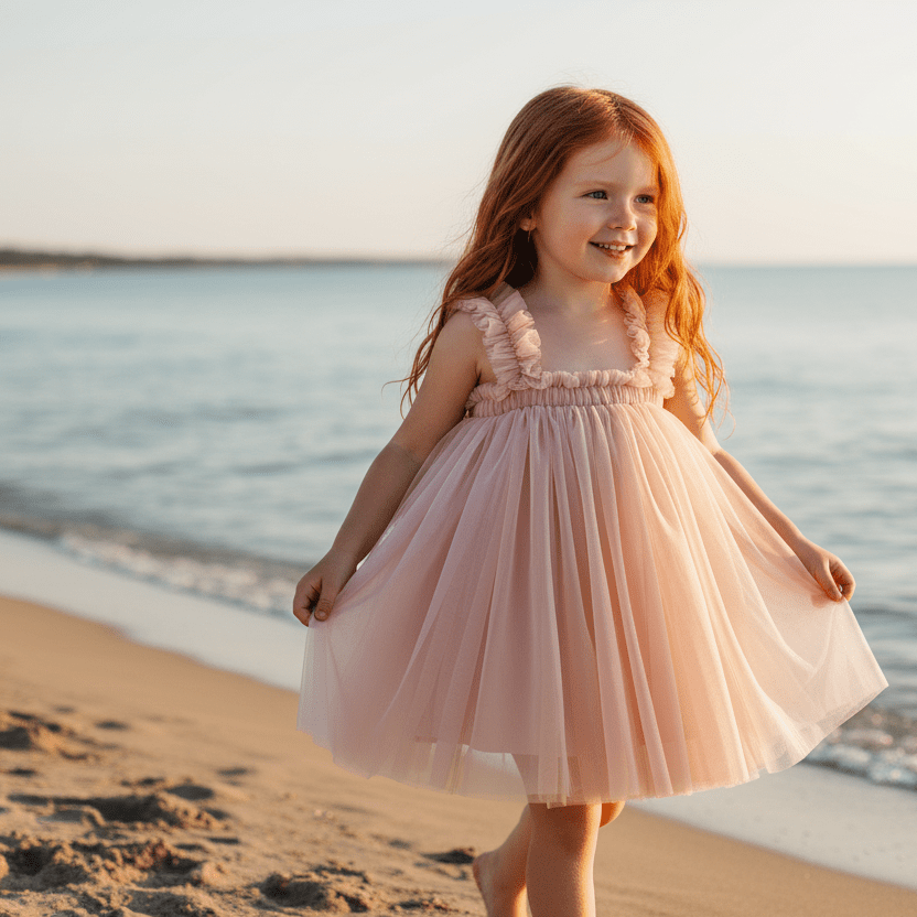 Young girl in a pink dress standing on a beach with ocean in the background