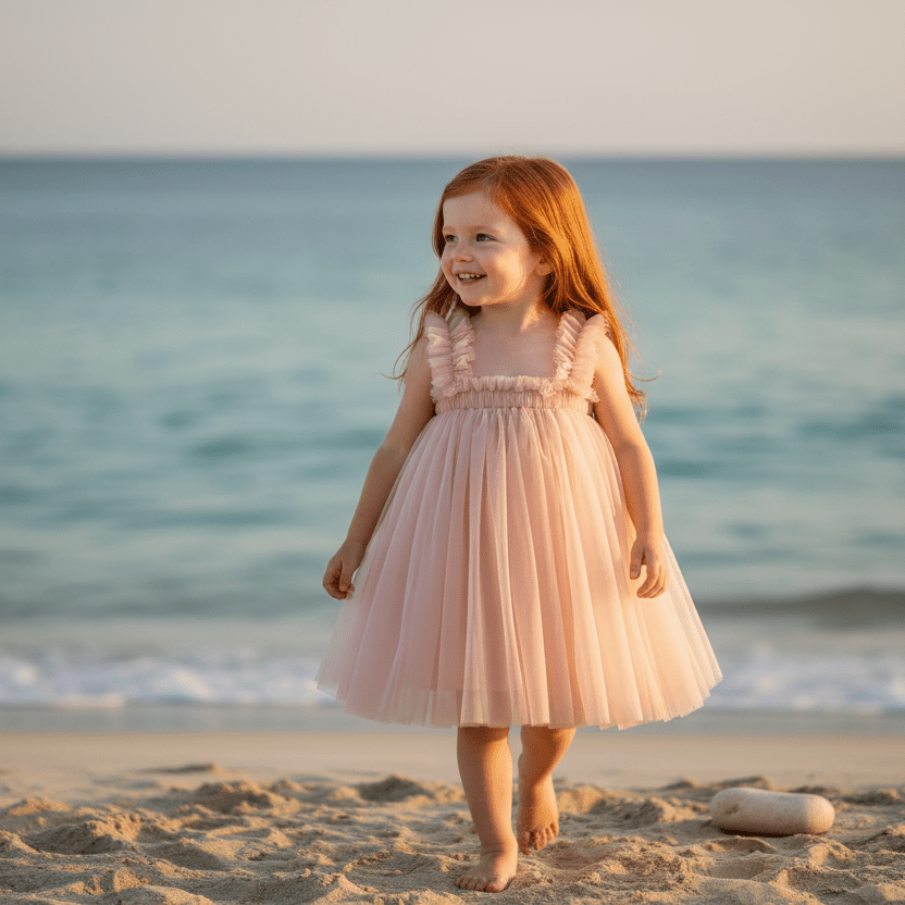 Young girl in a pink dress standing on a sandy beach with ocean in the background