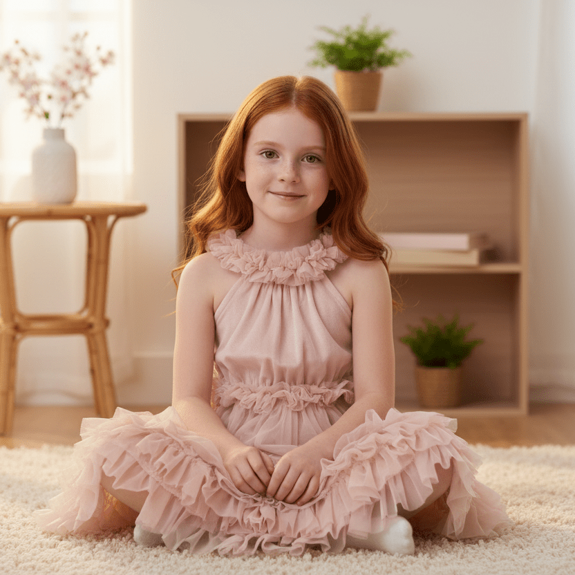 Young girl in a pink dress sitting on a carpeted floor with a neutral background