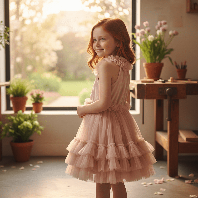 Young girl in a pink dress standing in a room with large windows and potted plants.