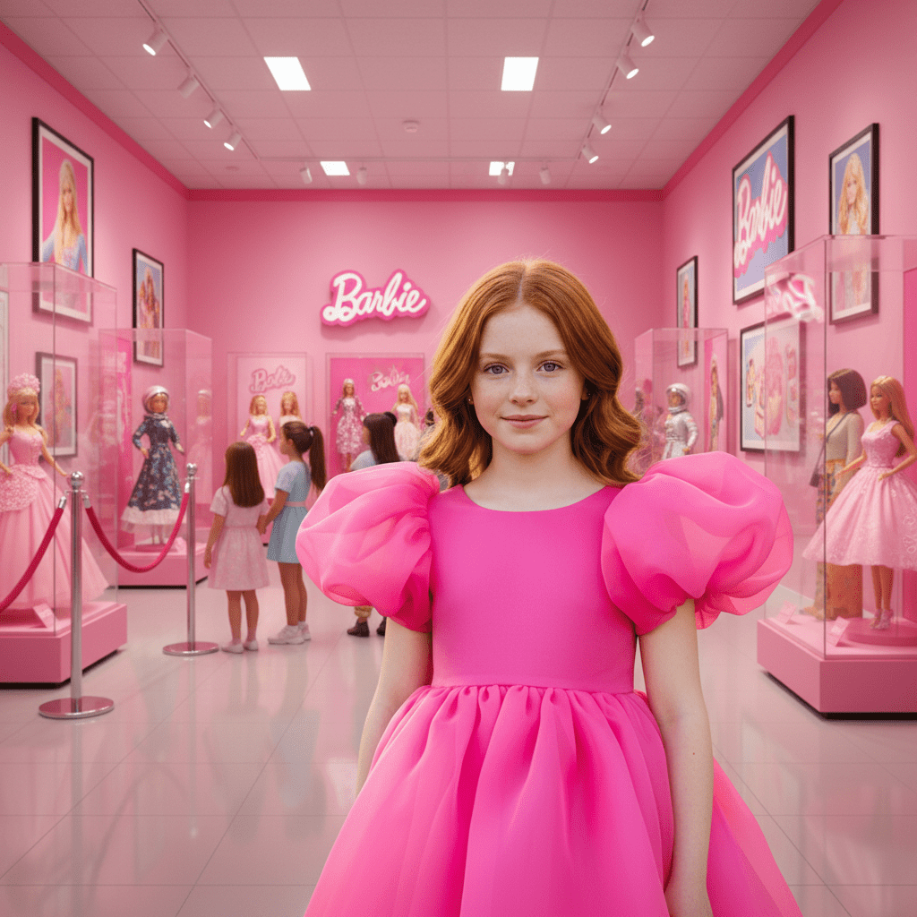 Young girl in a pink dress standing in a Barbie-themed room with exhibits and decorations.