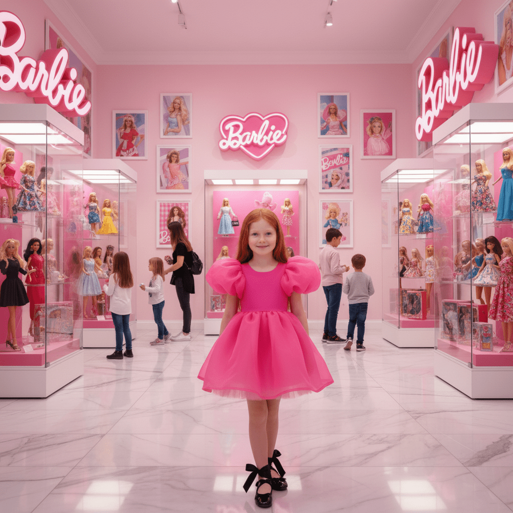 Young girl in a pink dress standing in a Barbie-themed display area with neon signs and dolls.