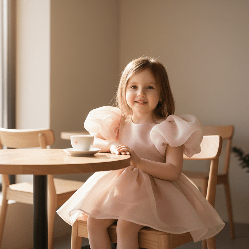 Young girl in a pink dress sitting at a table with a cup, smiling.