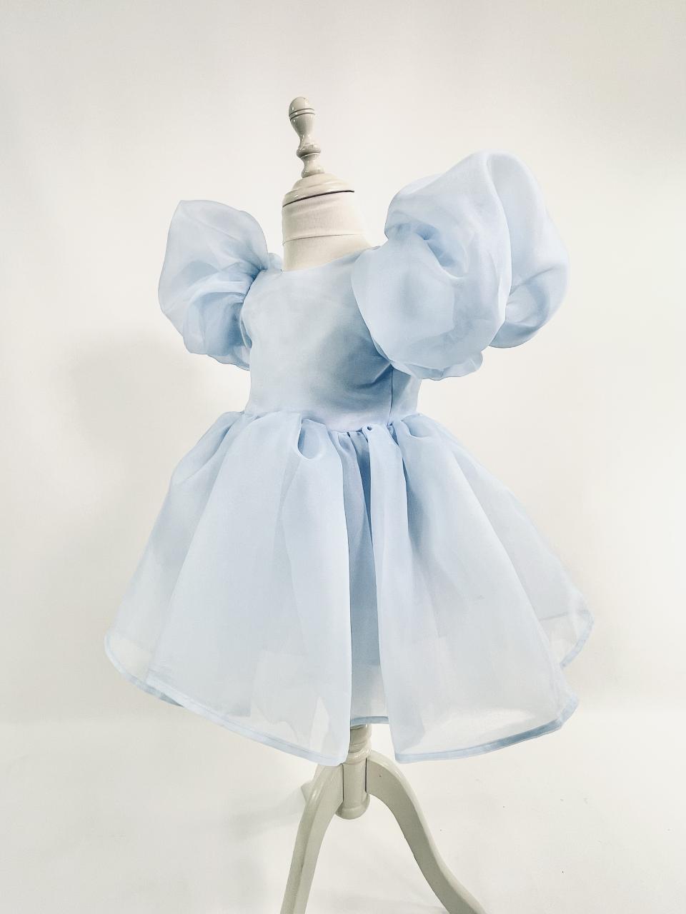 DOLLY V-BACK PUFF SLEEVE ORGANZA TUTU DRESS light blue
