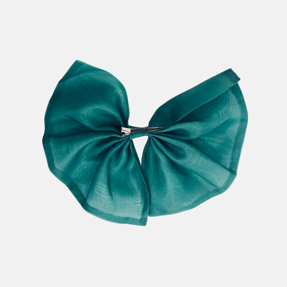 Teal bow-shaped collar on a light gray background