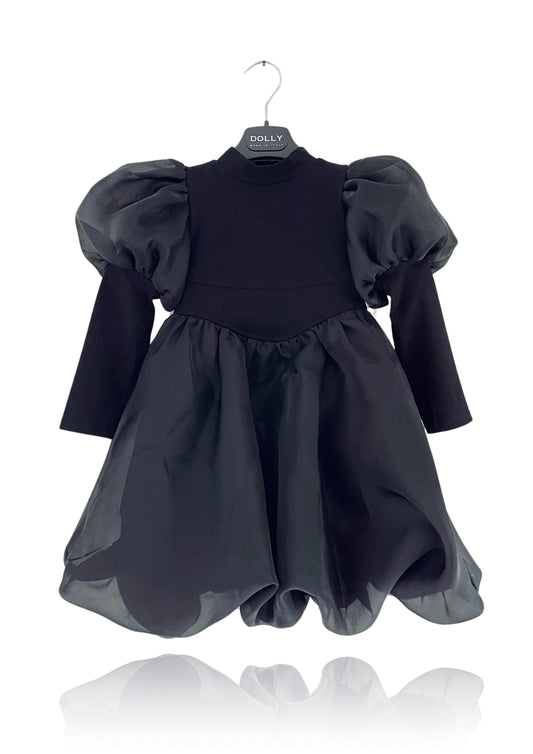 DOLLY WORLD PUFF LONG SLEEVE BALLOON ORGANZA DRESS WITH COTTON BODY black
