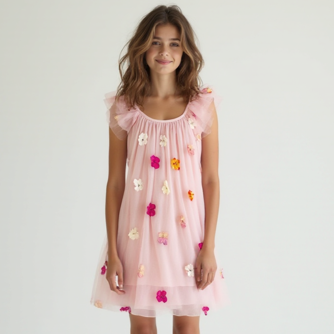 Young girl wearing a pink dress with floral embellishments on a white background