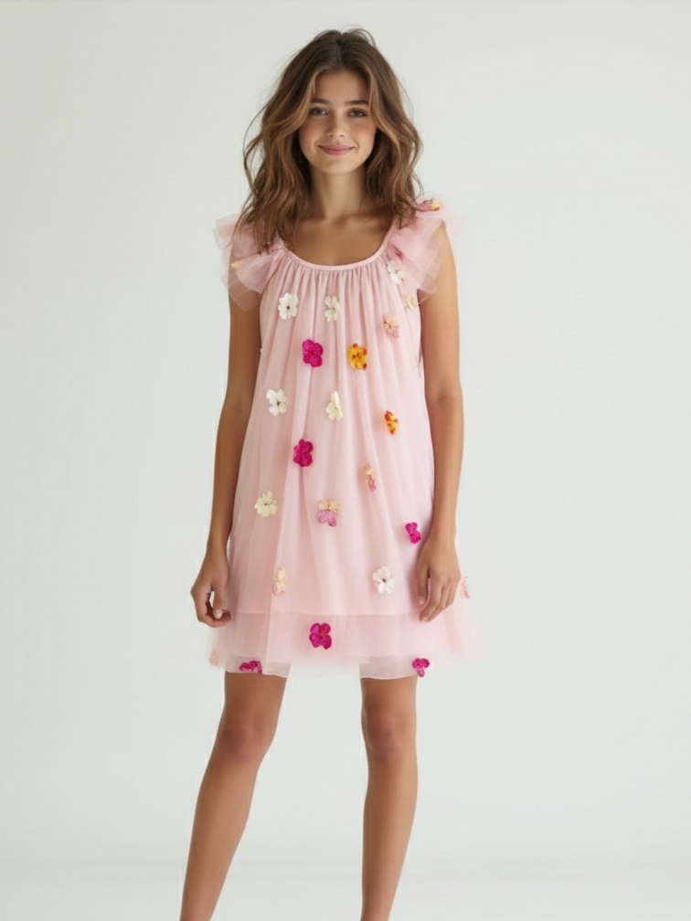 Young girl wearing a pink dress with floral embellishments on a white background