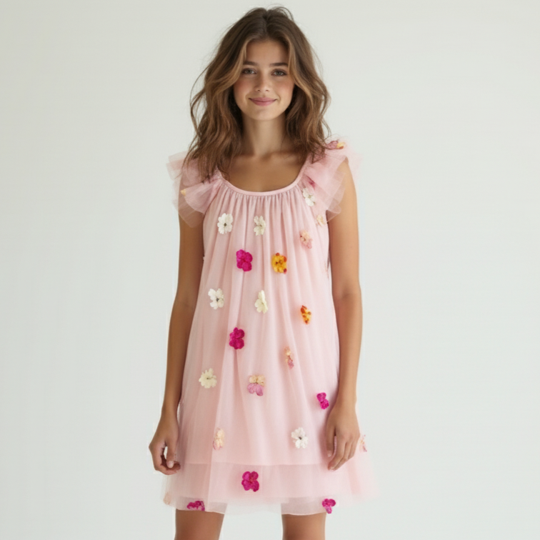 Young girl wearing a pink dress with floral embellishments on a white background