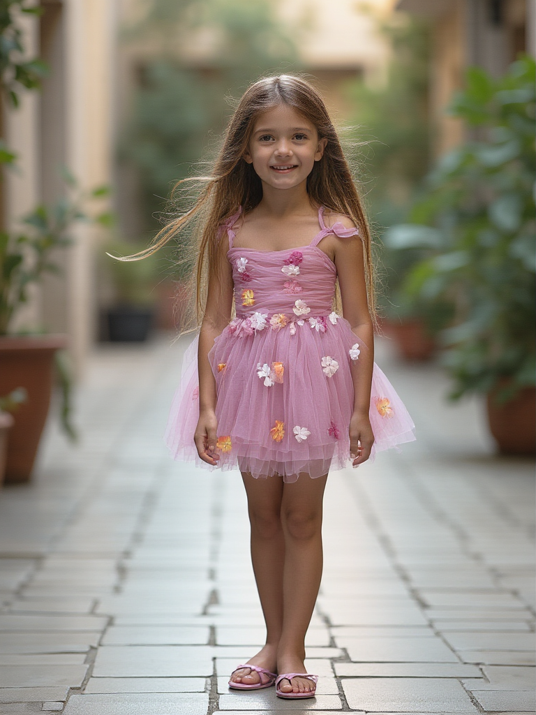 Young girl in a pink dress with floral decorations standing outdoors on a paved path.