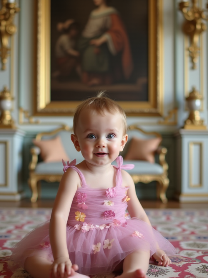 Baby in a pink dress sitting on a patterned rug with classical painting in the background