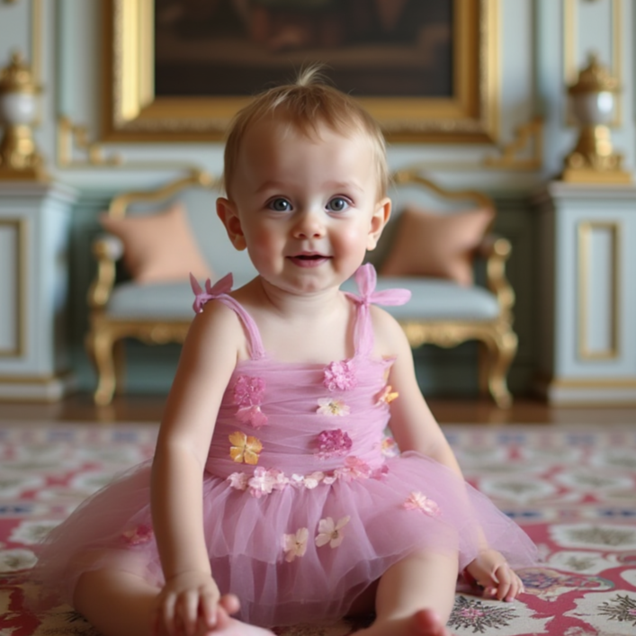 Baby in a pink dress sitting on a patterned rug with classical painting in the background